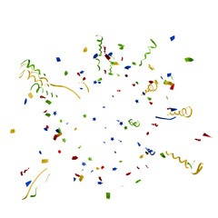 vibrant burst of metallic party decorations. isolated shiny ribbons and gold stars illustrating joy, victory, and surprise events.