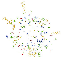 3d render of a colorful confetti explosion. festive celebration background with falling streamers and stars for party concepts.