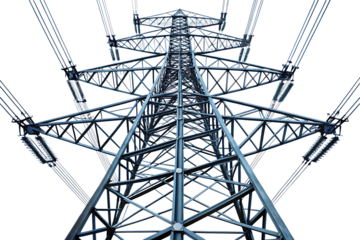 Electricity transmission tower, steel high voltage structure with power lines, cutout, PNG, isolated on white or transparent background, AI