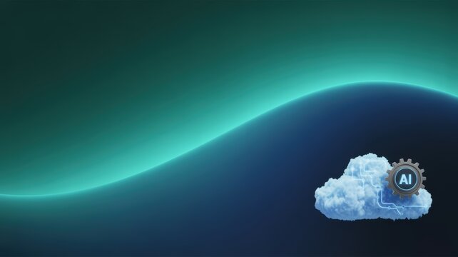 Cloud computing icon with artificial intelligence gear symbol on a blue-green background