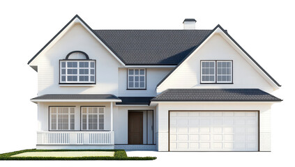 A modern suburban house featuring a stylish facade with multiple windows. a welcoming front porch. and a spacious garage. set against a clear sky. perfect for real estate listings