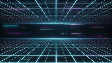 Neon Grid Perspective with Streaking Lights in a Dark Digital Space cyberspace - Powered by Adobe