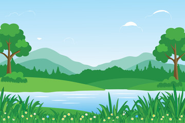 Obraz premium a peaceful landscape with green hills trees a lake and a blue