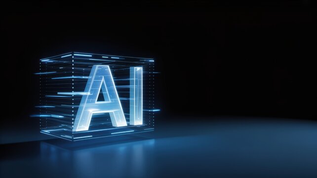 Digital intelligence concept with glowing textual representation in a translucent cube