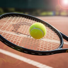 Close-up capture showcasing a tennis ball resting harmoniously on a strung racket displaying