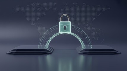 Digital padlock protecting global network data security with glowing arc and world map background