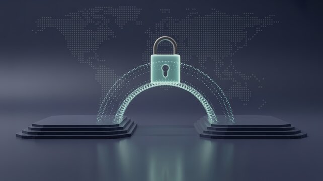 Digital padlock protecting global network data security with glowing arc and world map background - Powered by Adobe