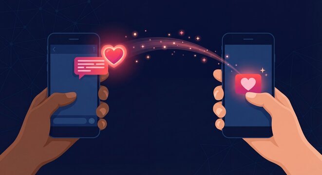 Vector illustration of hands exchanging a glowing heart message between smartphones, symbolizing digital love and online dating communication