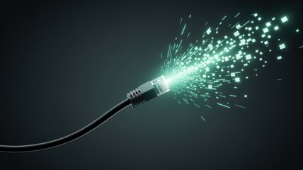 Ethernet cable connector emitting glowing digital data stream on dark background