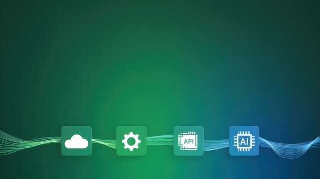 Digital technology icons featuring cloud gear API and AI symbols on green blue background