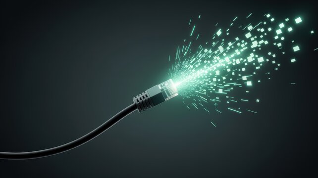 Ethernet cable connector emitting glowing digital data stream on dark background