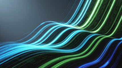 Glowing blue and green data streams flow dynamically across a dark digital landscape