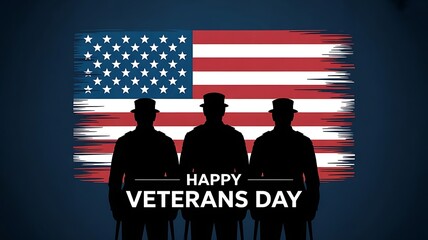 Silhouette of three veterans standing before a distressed american flag graphic