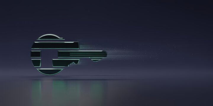 Glowing digital key icon with futuristic lines and motion effect on a dark background - Powered by Adobe