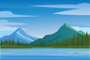 A serene landscape featuring mountains forest water and a bright blue sky © MAYENUDDIN