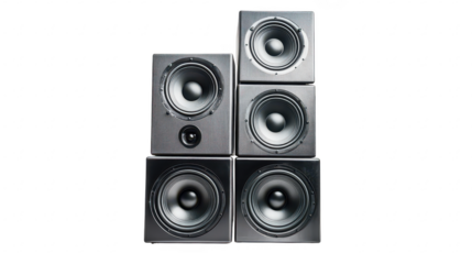 A modern arrangement of five sleek. black studio monitor speakers stacked in a visually appealing manner on a clean white background. ideal for audio equipment in promotional materials