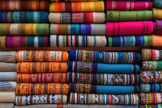 Colorful handmade Peruvian textiles showcasing vibrant patterns and intricate designs in the Andean region