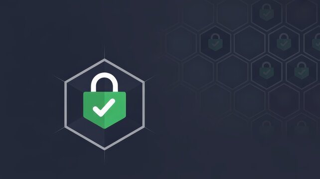 Padlock icon with checkmark inside a hexagon on a dark background symbolizing digital security.