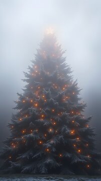 A rich Christmas tree depicted in thick, foggy surroundings with low visibility
