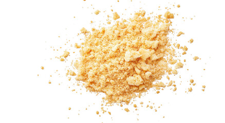A close-up view of a pile of finely crushed yellowish powder scattered on a clean white background. suggesting culinary uses. baking ingredients. or natural supplements in a kitchen setting