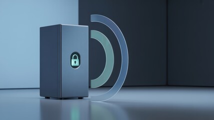 Secure network device with glowing padlock and data waves for digital safety