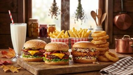 Delicious assortment of classic fast food: burgers, fries, onion rings, and milkshake