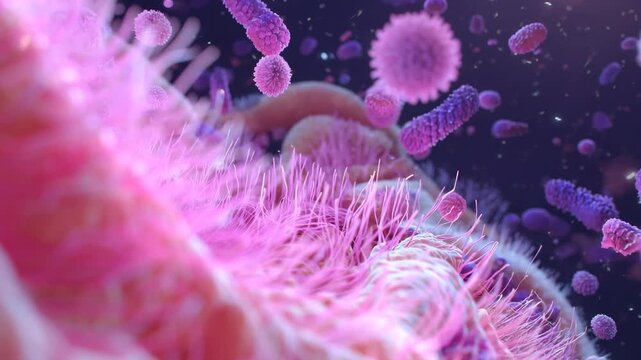 Microscopic view of cells and virus particles in a pink environment with purple elements