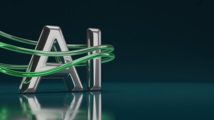 Shiny metallic letters symbolizing machine intelligence intertwined with green data stream