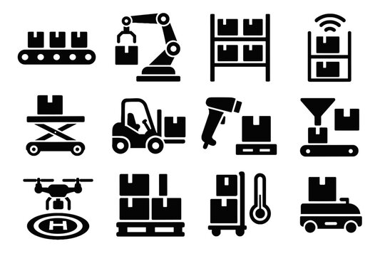 Trolley forklift autonomous conveyor icons smart icon system warehouse stack vector platform