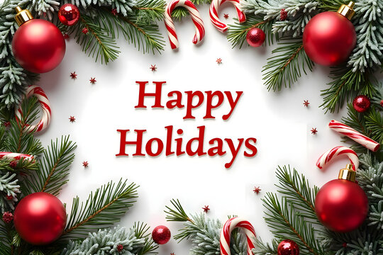 Festive Happy Holidays Greeting Card with Red Ornaments and Candy Canes