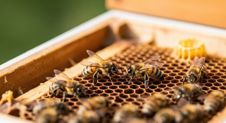 Close-up of honeybees on honeycomb in a hive, showcasing their labor and natural organization