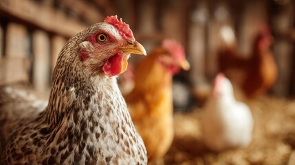 Close-up of a speckled chicken in a rustic farm setting with other hens in the background during morning hours