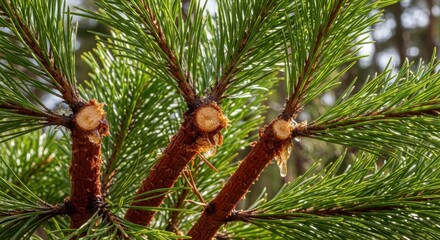 Close-Up of Pine Branches with Resin Droplets in a Forest Setting during Daytime