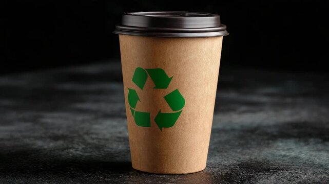 Recyclable cup with green symbol on dark surface showing commitment to eco-friendly practices