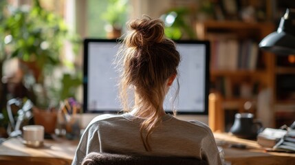 Woman focused on work at a desk in a bright room surrounded by plants and books, using a white computer screen to complete her tasks