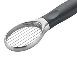 Stainless steel avocado slicer gadget with clean cutting wires and ergonomic grip tool design for efficient fruit preparation, isolated on white and transparent background, PNG premium product display