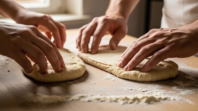 Two pairs of hands kneading dough on a wooden board in a kitchen - Powered by Adobe