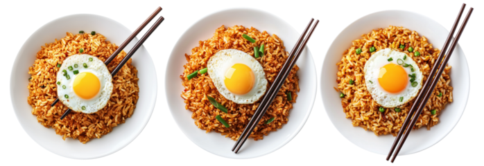 Spicy fried rice Nasi Goreng garnished with fresh green onions and topped with fried egg in bowl, isolated on white