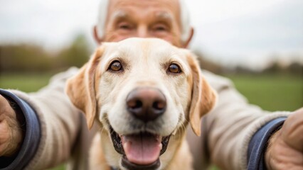 A joyful dog is being embraced by an elderly man in a park, showcasing a heartwarming connection between them.