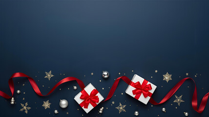 Two white gift boxes with red bows are displayed with a red ribbon, silver baubles, and gold snowflakes on a dark blue background.