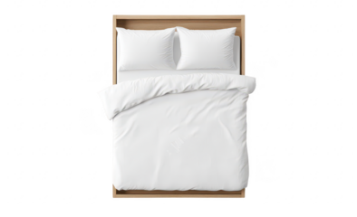 A neatly made bed with a white comforter and matching pillows. set against a clean. minimalist background. creating a serene and inviting atmosphere perfect for interior design inspiration