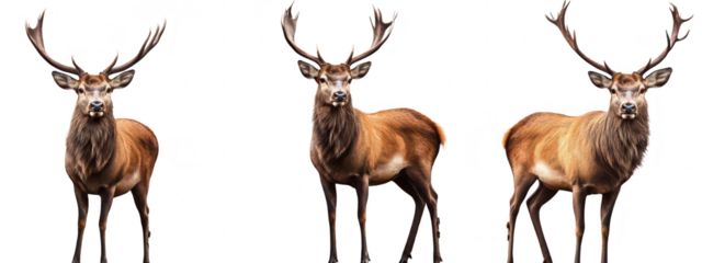 A majestic stag stands proudly in three poses against a white background. its impressive antlers and muscular build. ideal for wildlife photography or nature-themed projects