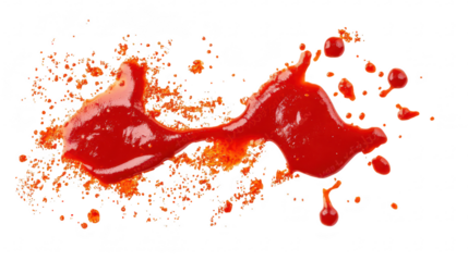 A splash of red sauce with scattered spice particles on a clean white background. perfect for culinary presentations or food-related designs