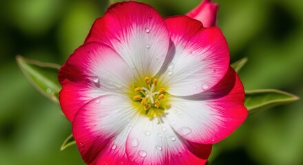 Close-up Vibrant Flower with Delicate Water Droplets on Its Pink and White Petals