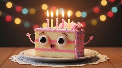 Cute Birthday Cake Slice with Candles and Googly Eyes Illustration