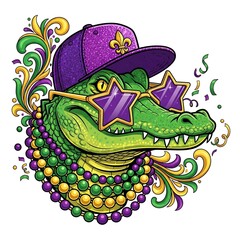 Cartoon alligator with hat beads and glasses in colorful illustration