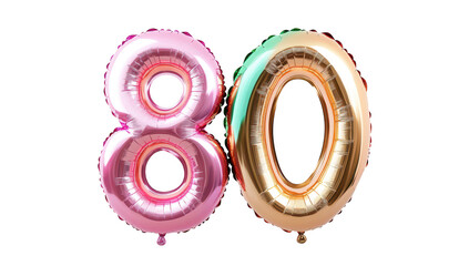 A vibrant. shiny number 80 balloon in pink and gold. symbolizing a milestone birthday celebration. set against a clean white background. perfect for festive invitations and party decorations