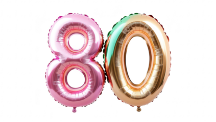A vibrant. shiny number 80 balloon in pink and gold. symbolizing a milestone birthday celebration. set against a clean white background. perfect for festive invitations and party decorations