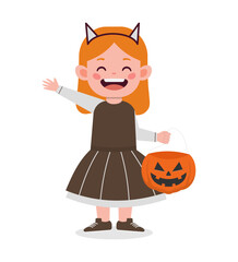 A smiling cartoon girl wearing cat ears and a brown dress holds a jack-o-lantern bucket.