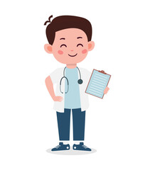 Cartoon illustration of a smiling young doctor holding a clipboard and wearing a stethoscope around his neck.